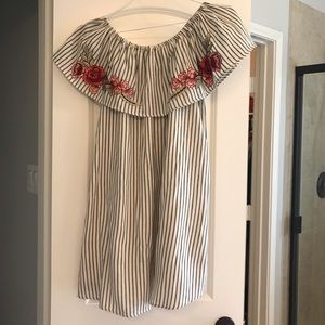 She + sky striped off the shoulder dress